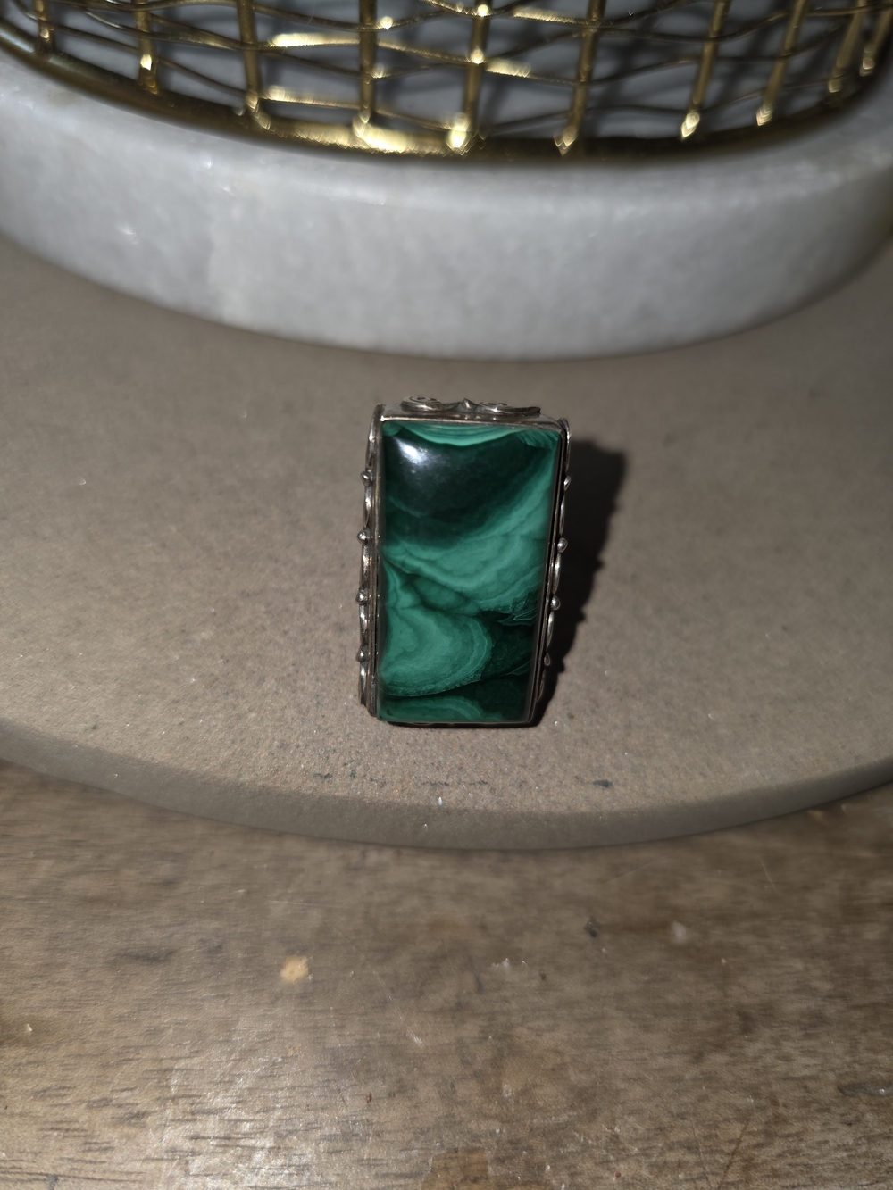 Source Unknown Silver Ring with Rectangular Green Malachite Inlay